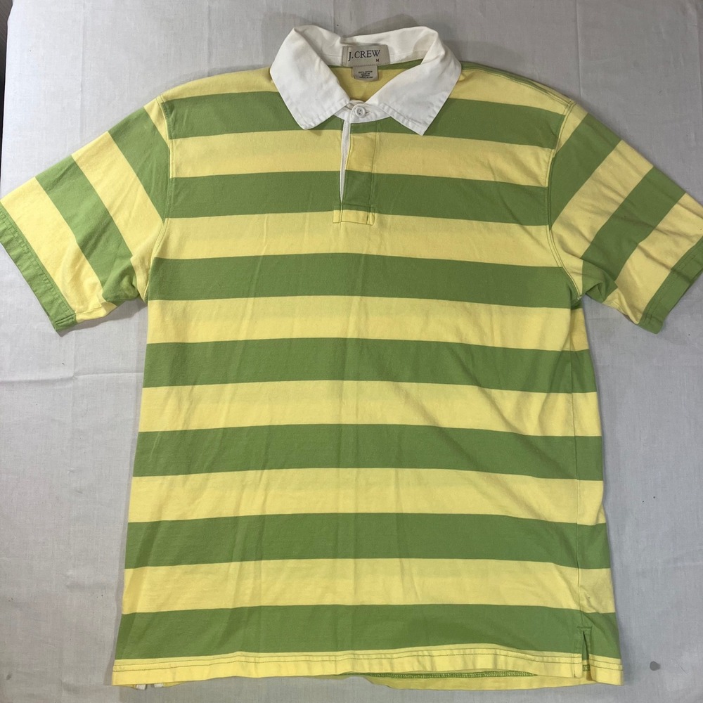 J.Crew Mens Medium Short Sleeve Rugby Polo Shirt Green Yellow Striped Cotton